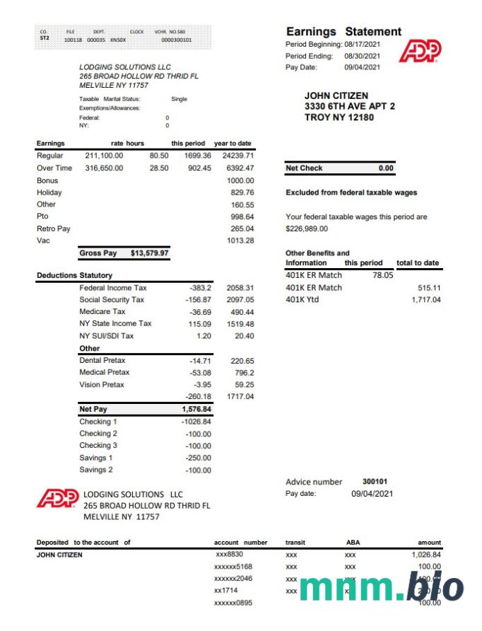 Szablon Oświadczenia o zarobkach w USA ADP w formacie Word i PDF